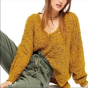 Free People Chunky Deep V Mustard Sweater